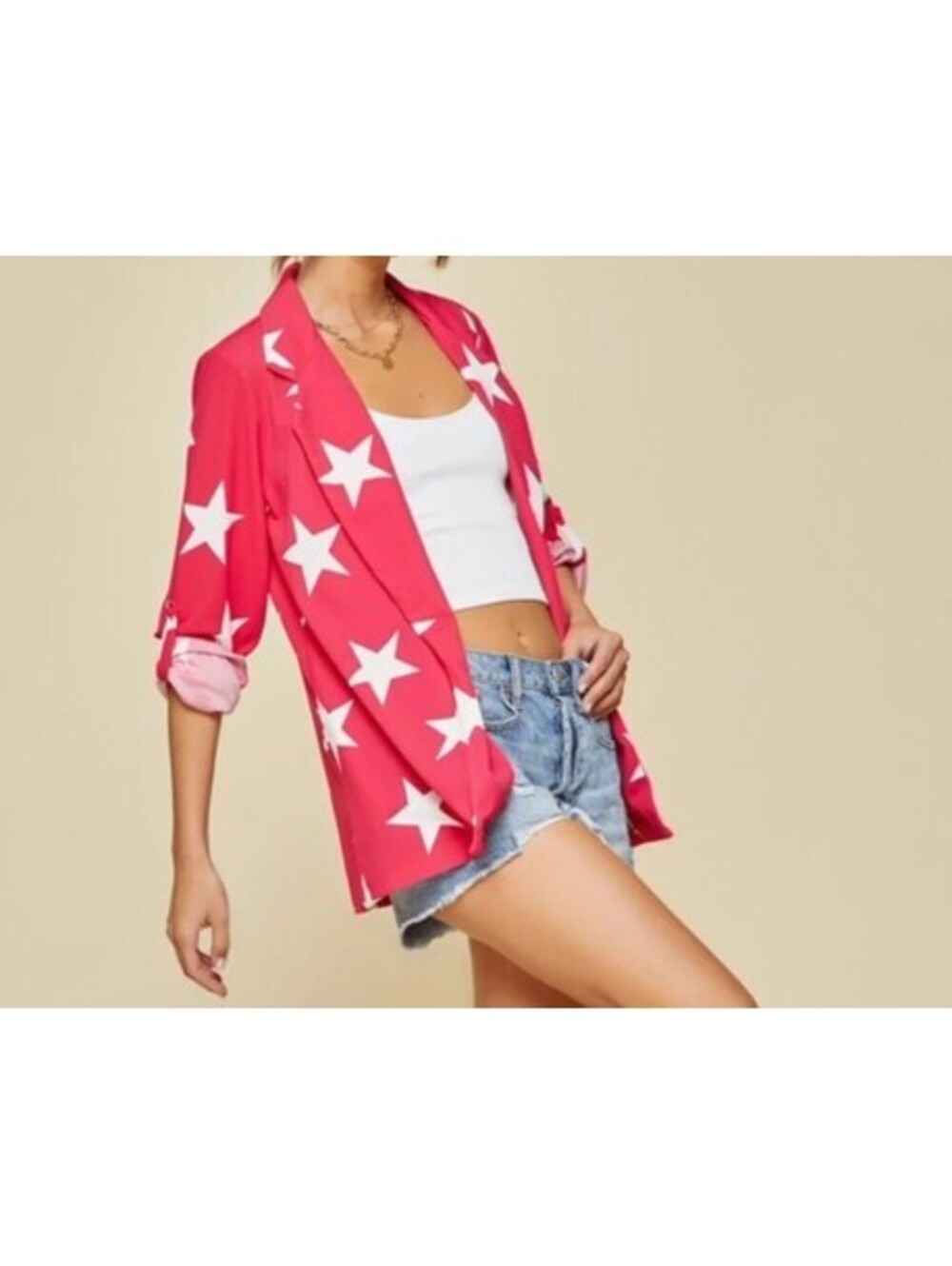 Andree By Unit Medium Blazer Womens Pink White Star Print Open Front Jacket